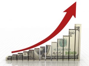 red arrow going up over money graph bars going up