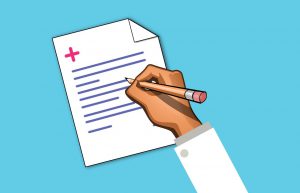 illustration of doctors hand writing a prescription