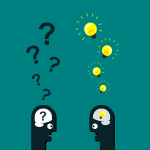 illustration of one person with question marks over his head facing another persons head with light bulbs above and in his head.
