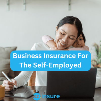 business insurance for the self-employed text overlaying image of a mom working from home