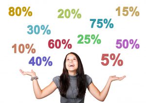 caucasian woman with her hands up looking up at different colored discount percentages