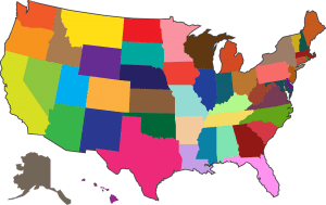 colorful US map with each state in a different color