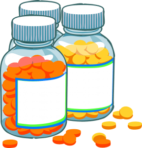 medication bottles with 2 different kinds of pills in each, one yellow and one orange.