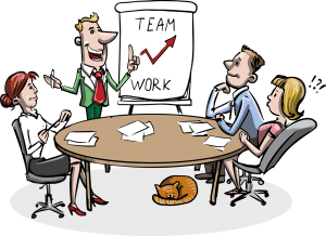 illustration of employees sitting at a round table with one standing with a chart of team work with red arrow going upward