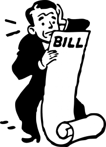 illustration in black and white of a man with a suit on in fear while looking at a paper with the word bill in his hand