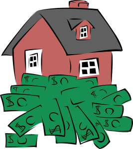 illustration of a red home with black roof and money in front of it by the ground