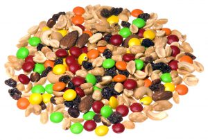 trail mix poured on a table in a circle