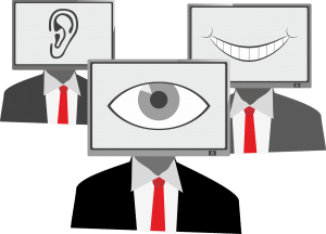 illustration of people with the heads as tv screens, one with an eye, one with an ear and one with a mouth