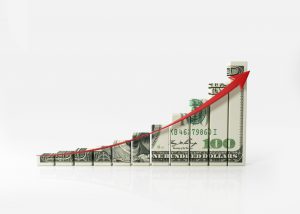 graph of money bars going up with a red line moving upwards across the top of each bar