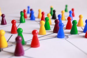 network with different colored pieces connected by different lines