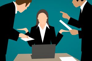 illustration of a business woman with two people on each side handing her more work.