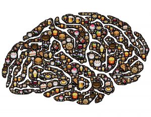 illustration of a brain filled with different foods all over
