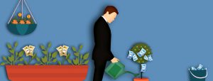illustration of a man in a business suit watering a plant with money as leaves