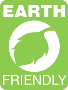 green leaf in the middle with words earth friendly around it