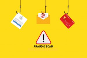 3 hook, one with a piece of paper, one with email envelope, and one with credit card. about scams