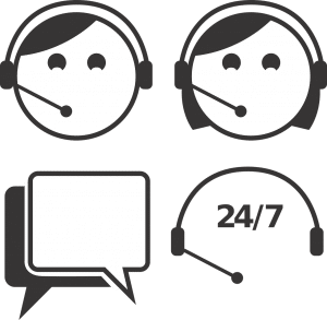 illustration of a two agents with a headset and 24/7 underneath with a conversation bubble next to it
