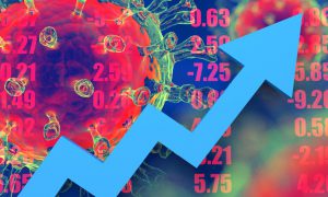 virus in the background with a blue arrow trending upwards
