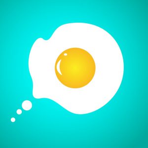 thought bubble made up of a cracked egg white and yolk.