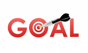 the word goal in red with the O as a target and a dart in the middle of it