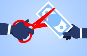 illustration of a hand giving another hand money but the other hand is cutting the bill with red scissors 