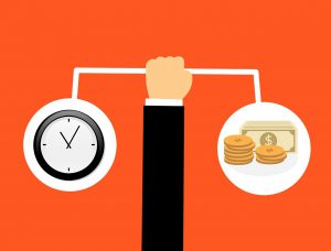 illustration of a hand holding up a balance with one side a clock and the other side money