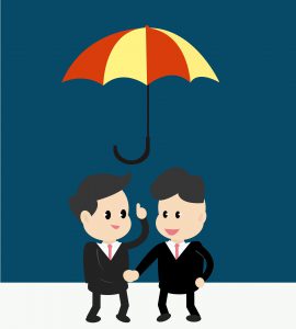 illustrationof two businessmen in suits shaking hands while standing under a yellow and red umbrella. 