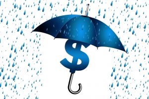 money sign under a blue umbrella with rain around it