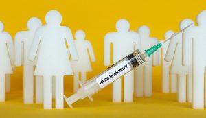 white figures of people with a shot in front of them with the word "herd immunity" on the shot