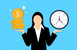 illustration of a woman in a suit with both hands up with one hand holding up gold coins, and the other holding up a clock.