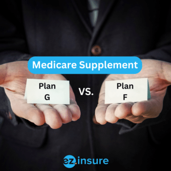 Medicare Supplement Plan G vs Plan F text overlaying image of a man holding out two hands with cards in them