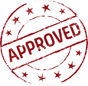 approved stamp with stars around the word in a circle.