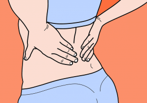 illustration of a woman in bra and underwear holding her back.