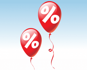 two red balloons with white discount signs in them