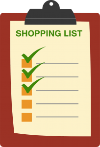 a shopping list on a clipboard with 3 green checkmarks on the first three boxes.
