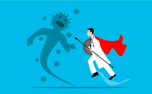 doctor with a red ape on and a spear going towards a virus with a body