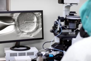 black and white picture of an egg with a needle going into it, IVF.