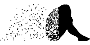 silhouette of a girl sitting down with her knees to her chest with the back of her disintegrating.