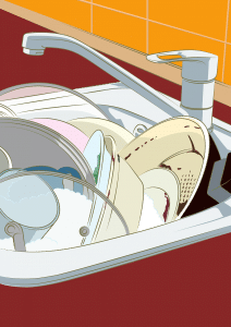 illustration of a sink full of dirty dishes.