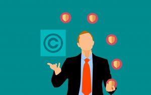 illustration of a man with a suit juggling shields and a copyright logo