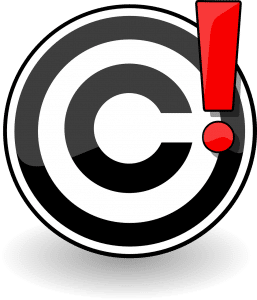 copyright logo in black and white with a red exclamation point