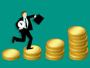 illustration of a man in a suit holding a clock going up piles of coins 