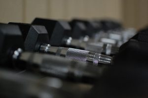 dumb bells lined up in a row 