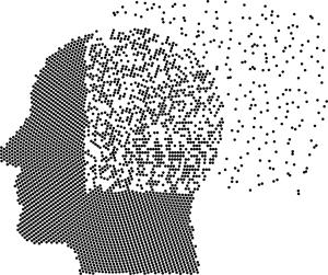 silhouette of a head with the brain part of the head disintegrating.