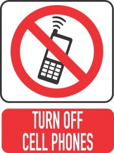 illustration of cell phone with the red restricted circle over it and the words turn off cell phones underneath it