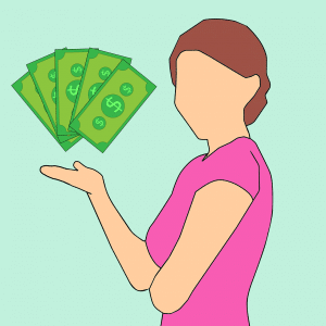 illustration of a woman holding her hand out with money over it
