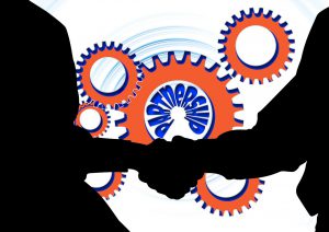 silhouette of people shaking hands with gears in the background and the word partnership