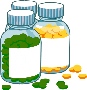illustration of 3 bottles of medications, one with green pills and one yellow