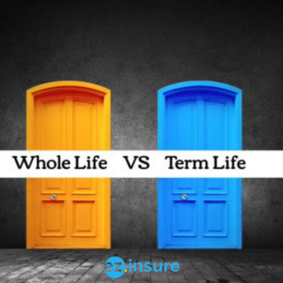 whole life vs term life insurance text overlaying image of two different colored doors