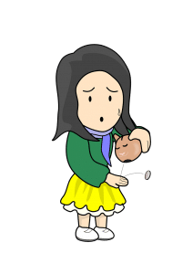 illustration of a woman turning a piggy bank over with one coin falling out