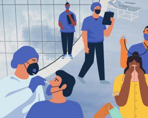 illustration of people with masks on being seen by doctors
